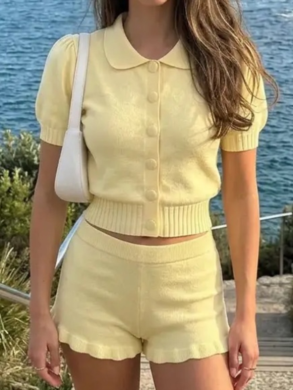 KNIT PETER PAN PUFF SHORT SLEEVE TOP & LOW RISE RUFFLED SHORTS SET